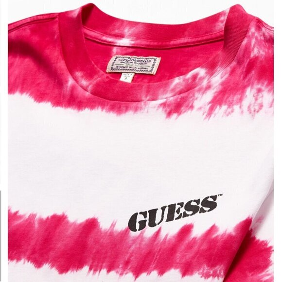 GUESS Stripe Pink & White Tie-Dyed Logo T-Shirt - Picture 3 of 11